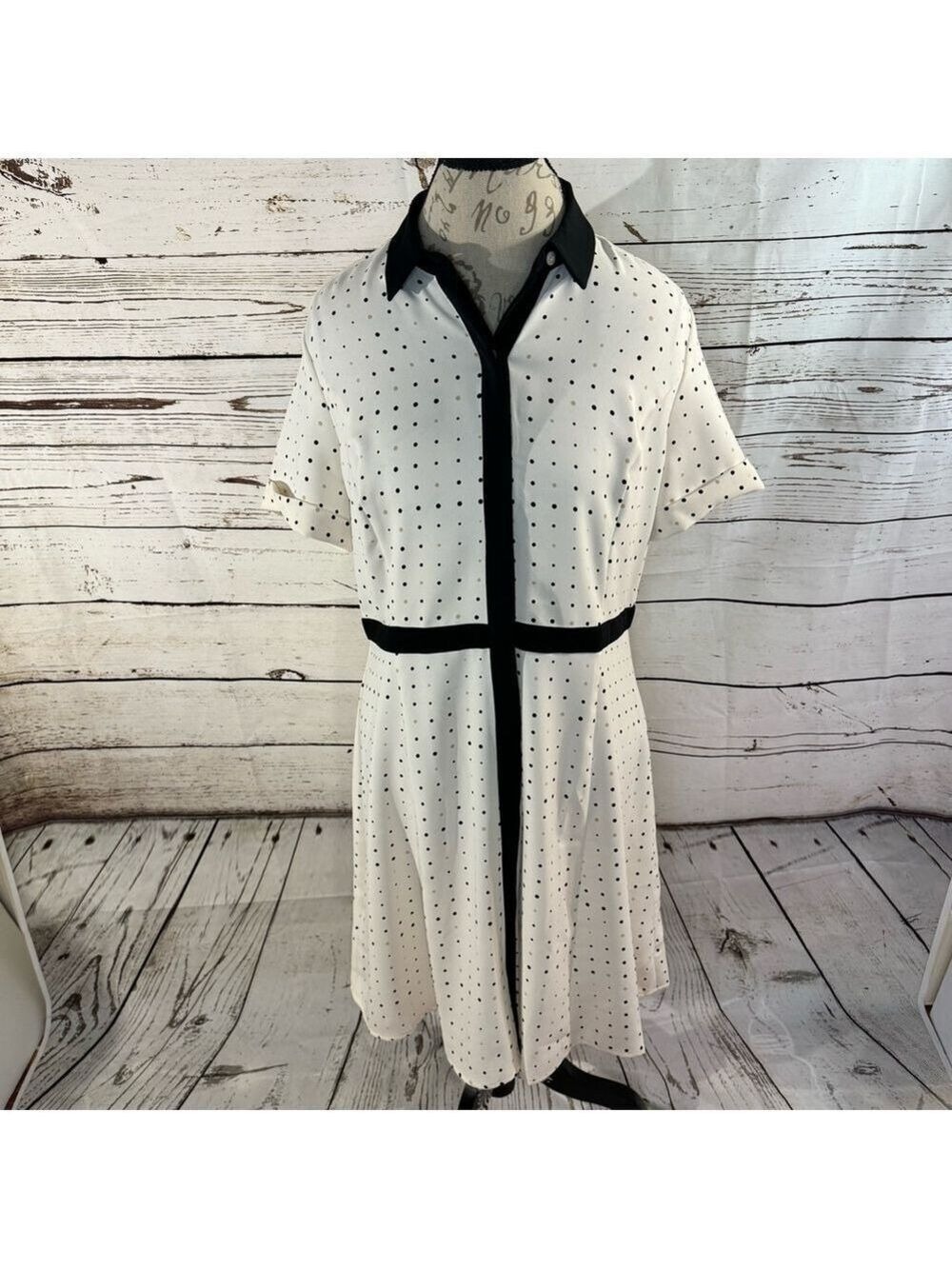 Ann Taylor Petite Ivory Polka Dot Collared Dress 12P A-Line Knee Length